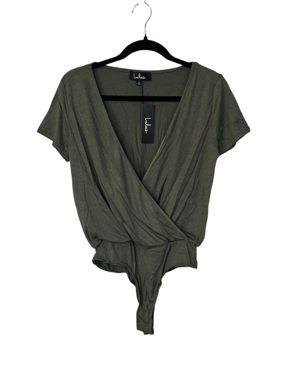 Lulus Women’s Marren Olive Green Short Sleeve Surplice Bodysuit Sz S NWT